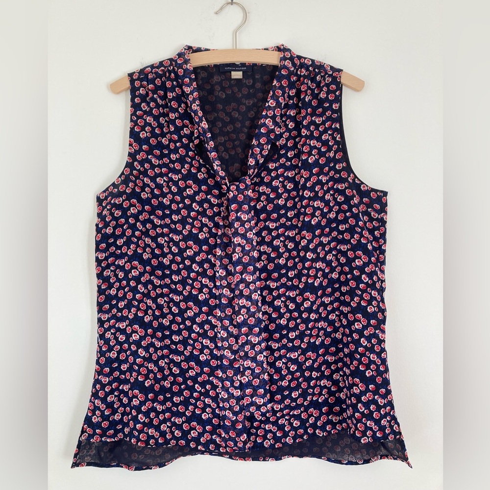 Tommy Hilfiger lined floral sleeveless blouse top with neck tie size L NWOT